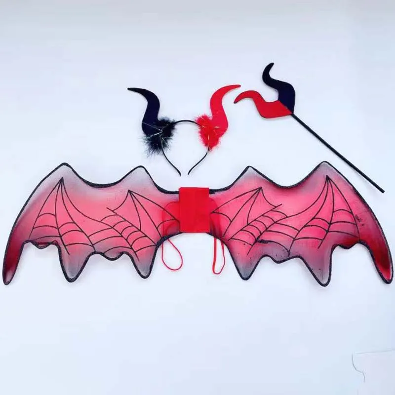 Halloween Devil Costume Set Wings Pitchfork Horn Headband Demon Accessories for Cosplay Party