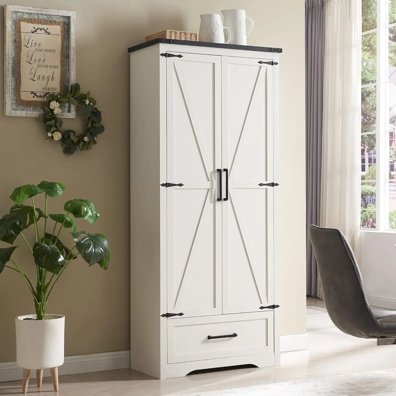 

Tall Farmhouse Pantry Cabinet with Adjustable Shelves with Drawer & 2 Barn Doors, Versatile Storage for Kitchen