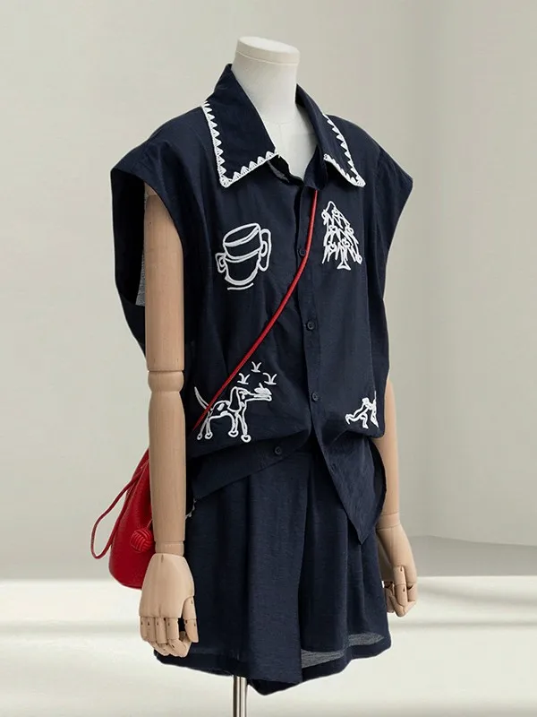 

Летний милый маленький комплект Ele, новинка 2025 года, вышитый Svel irt, широкие ноги, хлопковый и льняной женский топ, бот-комплект