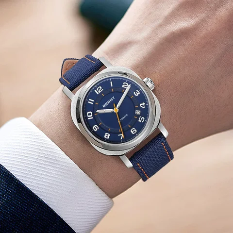 BERNY 남성용 기계식 시계 베개, 38mm 케이스 쿠션, 사파이어 슈퍼 야광 손목시계, 캔버스 캘린더 시계