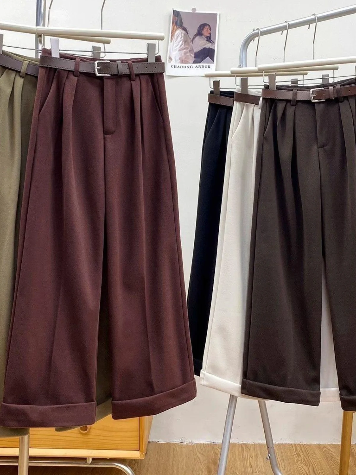 Retro Tweed Cuffed Wide Leg Suit Pants Women's High Waist Straight Casual Fashion Slimming Versatile Comfortable Autumn Winter