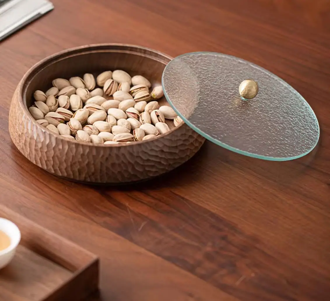 Hand Carved Black Walnut Bowl with Glass Lid, Aesthetic Storage Tray for Home Fruit Nut Candy Table Decor