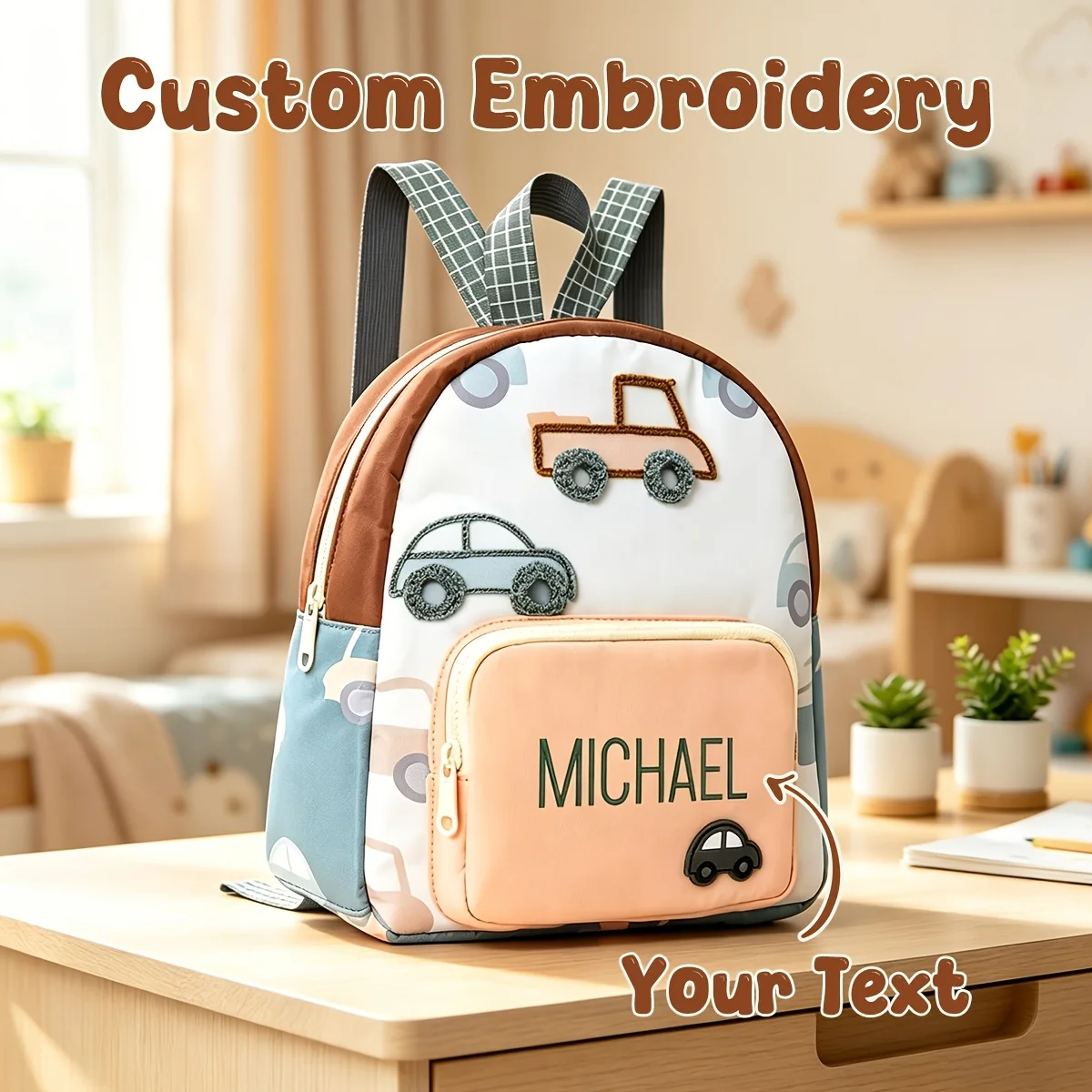 Custom Name Embroidery Kids Backpack Car Pattern School Bag for Boys Toddler Kindergarten Preschool Children Bag Cute Vehicle