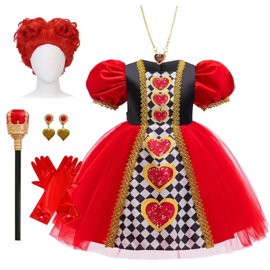 

Disney Queen of Hearts Clothes Girl Horror Night in Wonderland Costume Red Heart Black & White Square Party Gown for Halloween
