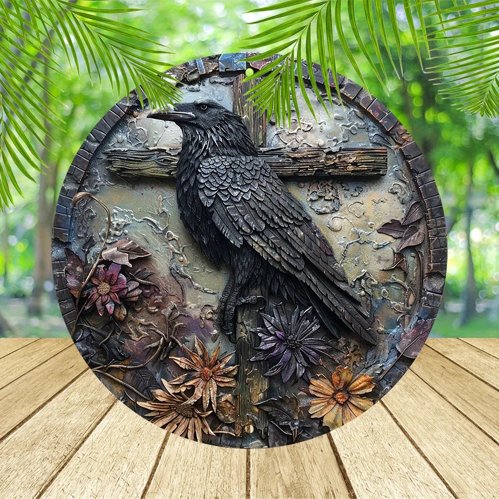 

Raven Metal Sign Circular Art Decor with 2D Effect for Garden, Bedroom, Garage - Durable, Waterproof, Pre-drilled,