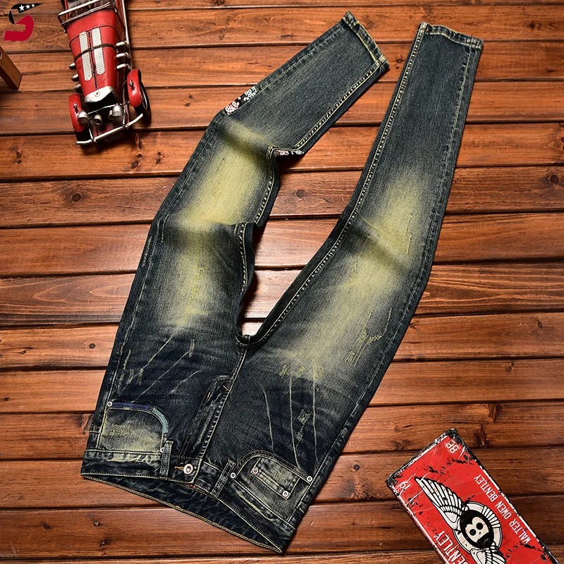 Fashionable High-End Jeans Men's Retro Nostalgic Stitching Trendy Printed Slim Straight 2024 Autumn New Denim Long Pants