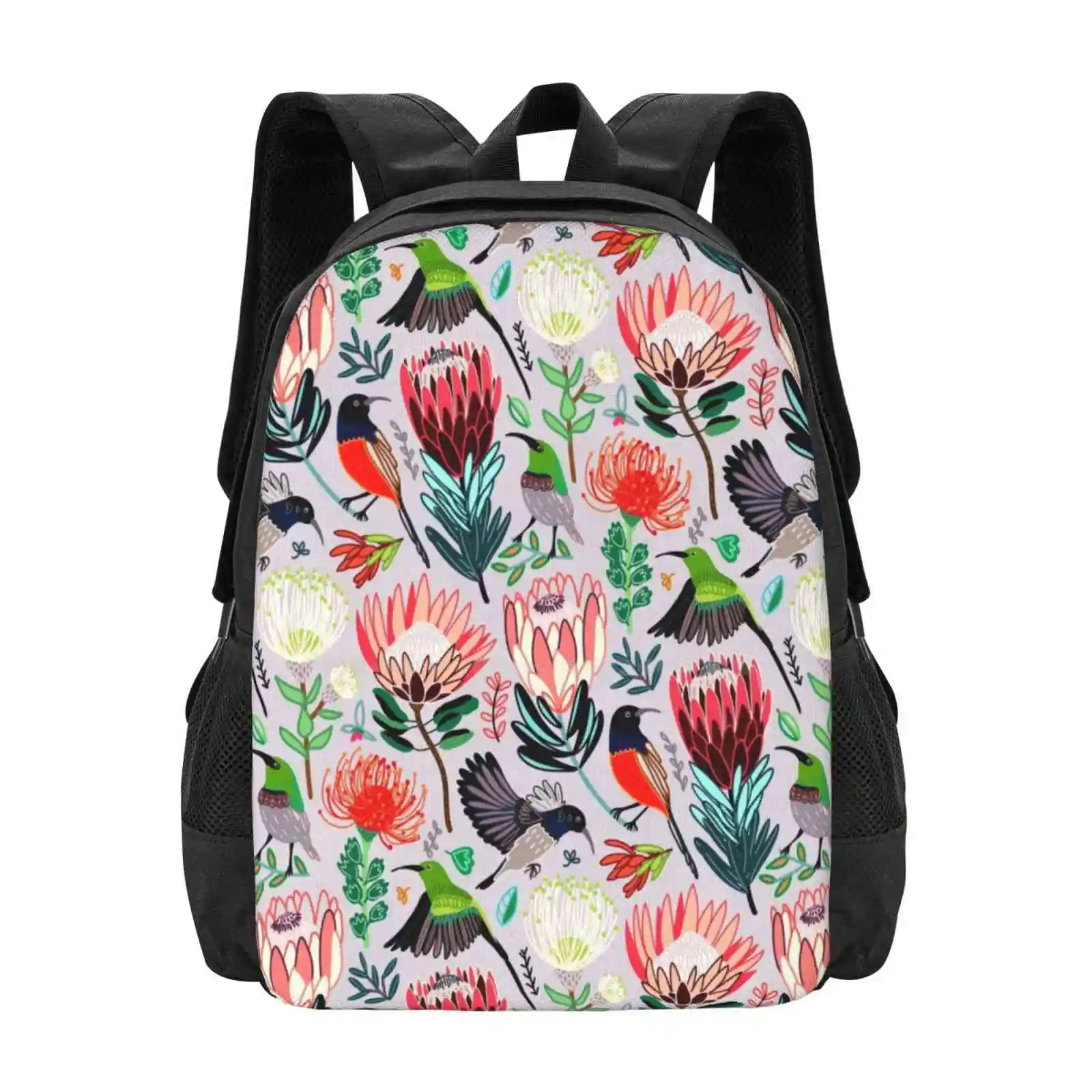 Sunbirds & Proteas On Grey Hot Sale Backpack Fashion Bags Sunbirds Colorful Birds Bird Pattern Protea Patern Bird And Protea