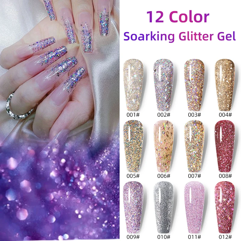 Glitter Gel Nail Polish Semi-permanent Sequins Shiny Gel Base Top Coat Soak Off UV LED Varnish Nail Art Decoration 12 color