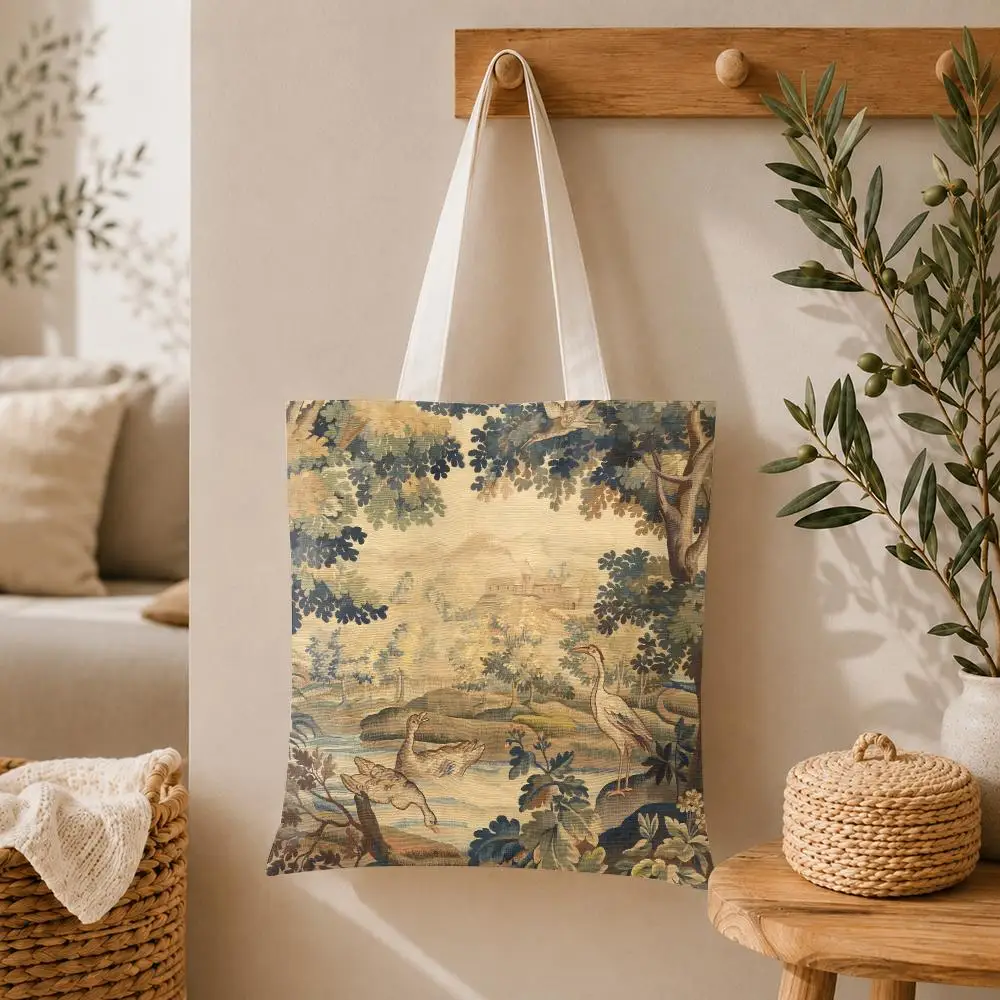 French 18th Century Storage Bags Large Capacity Canvas Tote Bag Double-Sided Print Shoulder Handbag for Daily Shopping