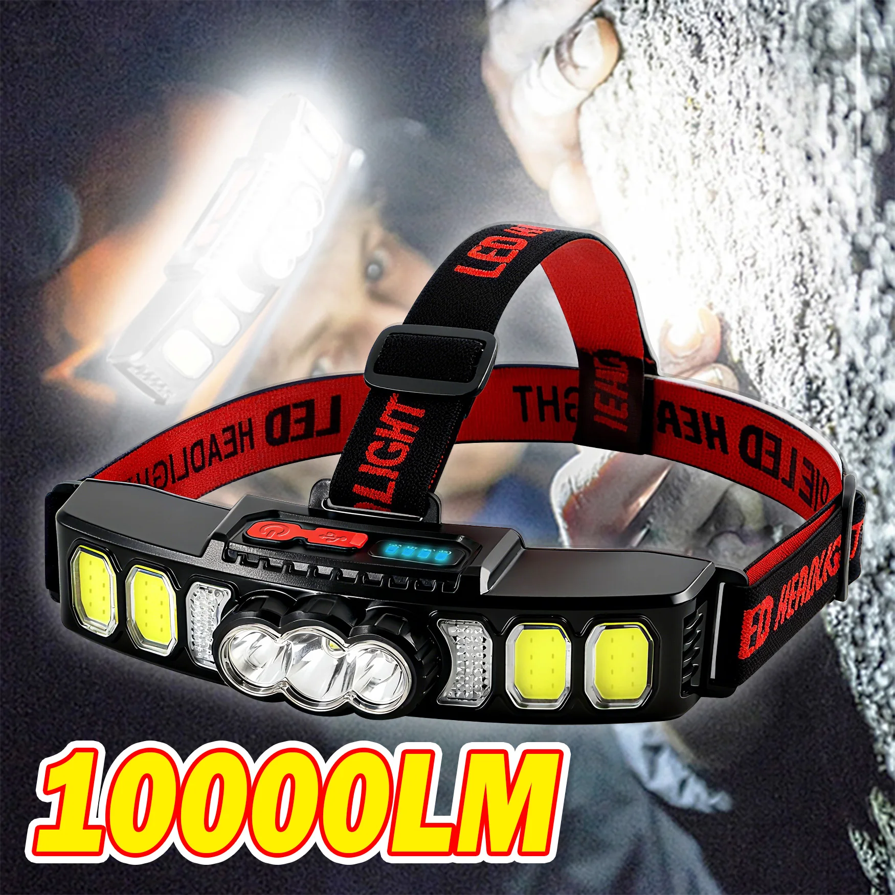 

Мощный налобный светодиодный фонарь 10000 лм, перезаряжаемый через USB-C, с аккумулятором 18650, для выживания, рыбалки, кемпинга