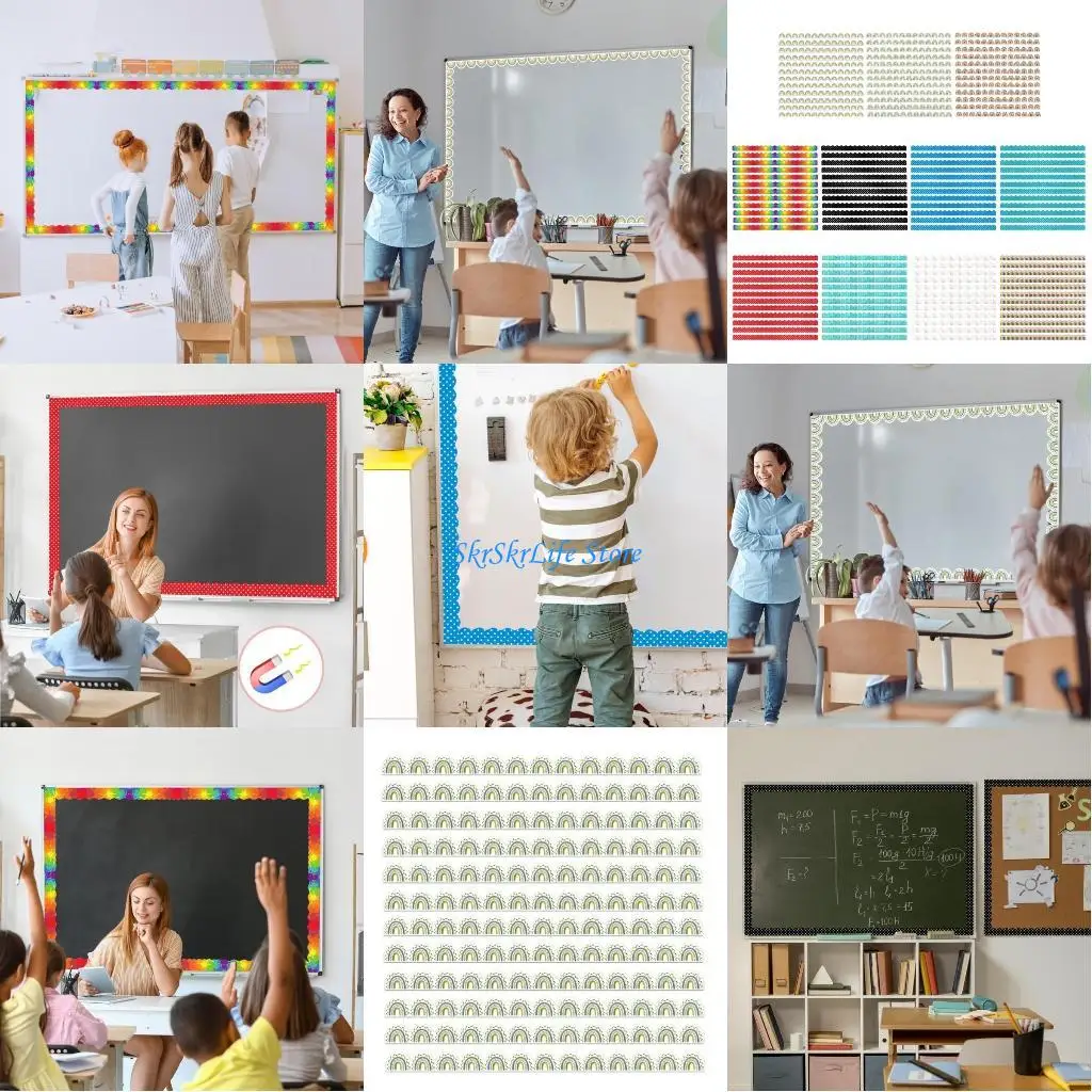 

E65E 12Pcs Bulletin Board Border for Classroom Decoration, Rainbow Theme Design Straight Border Trim Colorful Dot Border Trim