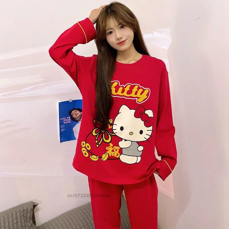 Sanrio Hello Kitty New Fashion Red Pajamas Suit Long Sleeve Cotton Top Shirts Pants 2 Piece Set For Women Y2k Cute Home Clothes