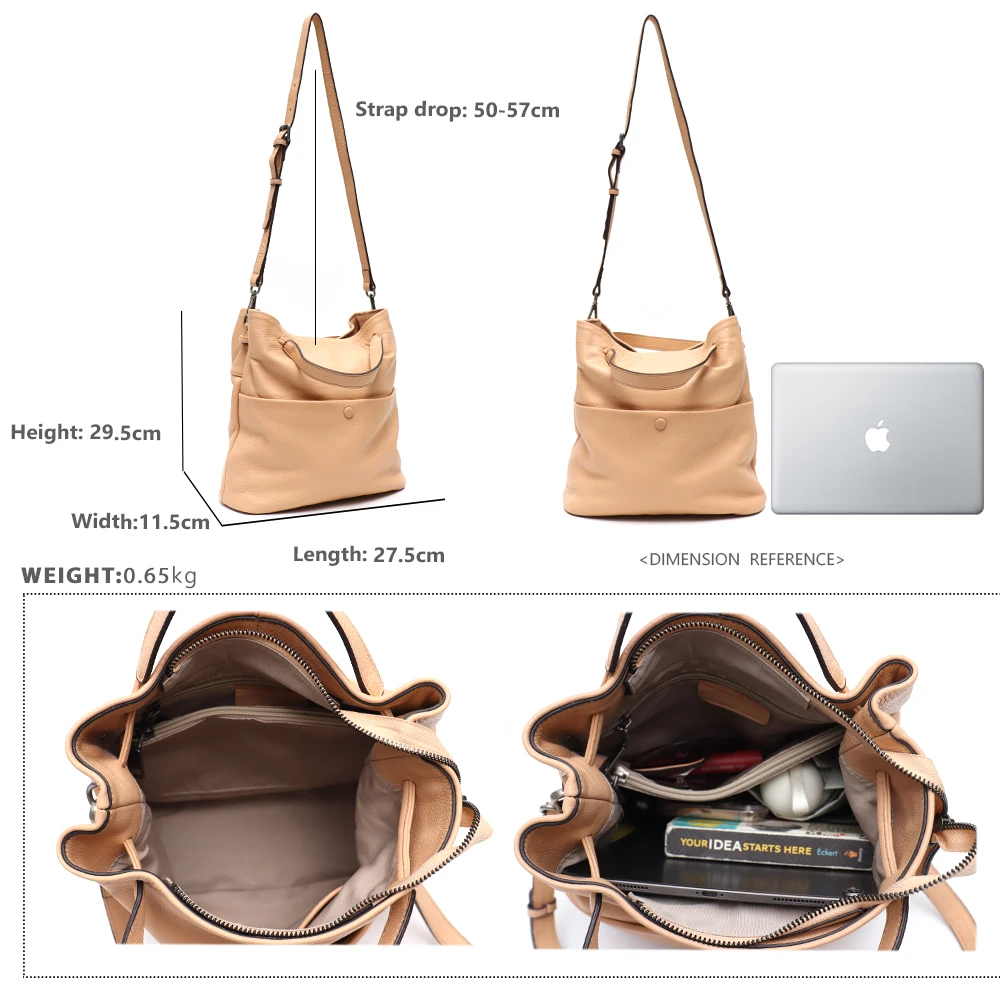 Imagem -03 - Sc-bolsa Feminina com Alça Superior em Couro de Couro Genuíno Grande Balde de Hobo Bolsa Multi-bolsos Bolsa Crossbody Diária Feminina Macia Casual Grande