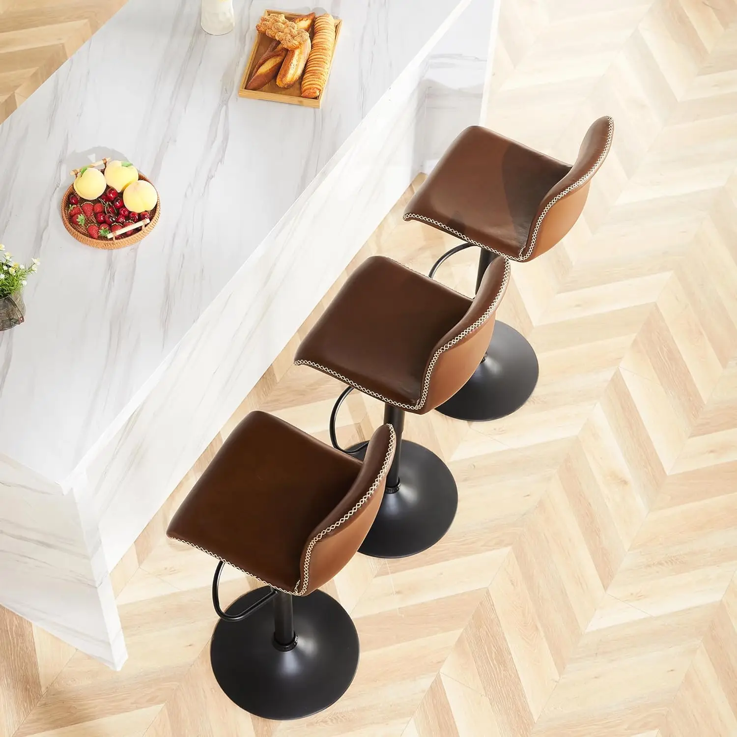 طقم مقاعد بار مكون من 3 قطع، ارتفاع دوار مع ظهر، قابل للتعديل 24 بوصة - 32 بوصة، جلد صناعي بني - جزيرة المطبخ (مجموعة من 3) #6