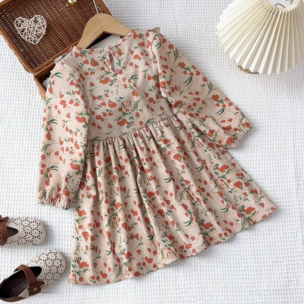 Bear Leader 3-7 Years Old Casual Children\'s Clothing Autumn Fashion Floral Dresses Long Sleeved Pleated Patchwork Girls\' Dress