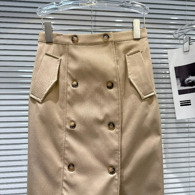 Women Double Breasted Midi Skirts High Waist Fake Pocket Decor Straight Pencil Skirt Elegant Office Ladies Business Wear new