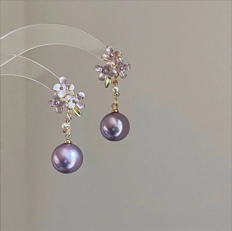 Elegant French Style Romantic Purple Pearl Pendant Earrings Korean Fashion Glazed Flower Stud Earrings Wedding Party Accessory