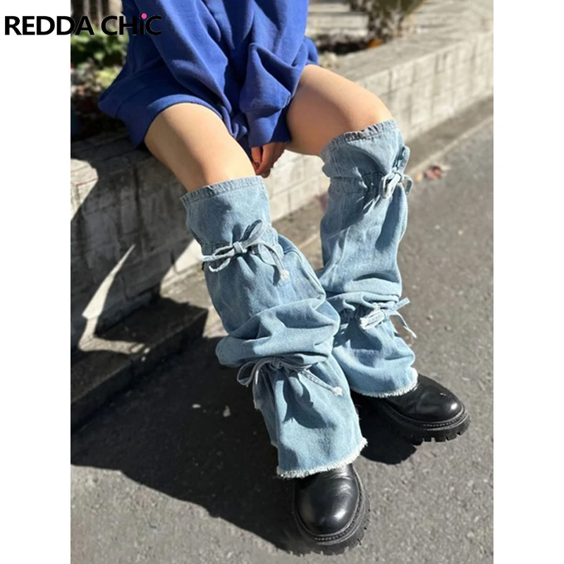 REDDACHiC Drawstring Women Leg Warmers Blue Denim Embroidery Letter Bowtie Thigh-high Boots Cover Japanese Y2k Grayu Long Socks