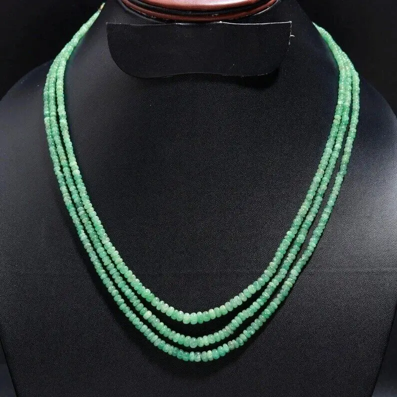 

Zambian Emerald 3 Lines Beaded Necklace,2*4mm,plain Roundelle Beads Necklace,