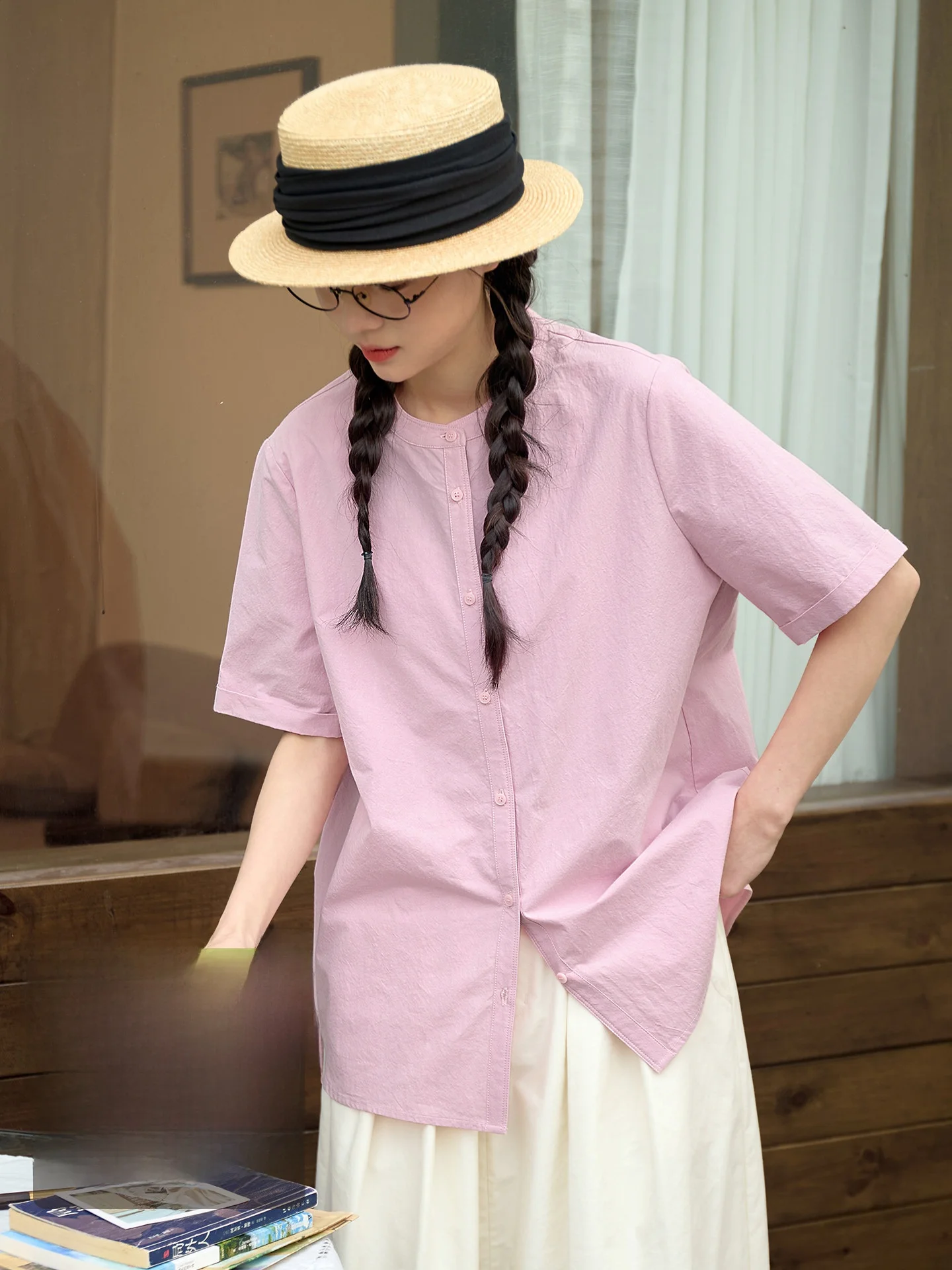 

Original Casual Pure Cotton Short Sleeve Shirt Women's Loose Shirt Personality Pink Purple Top Breathable Thin Regular Fit
