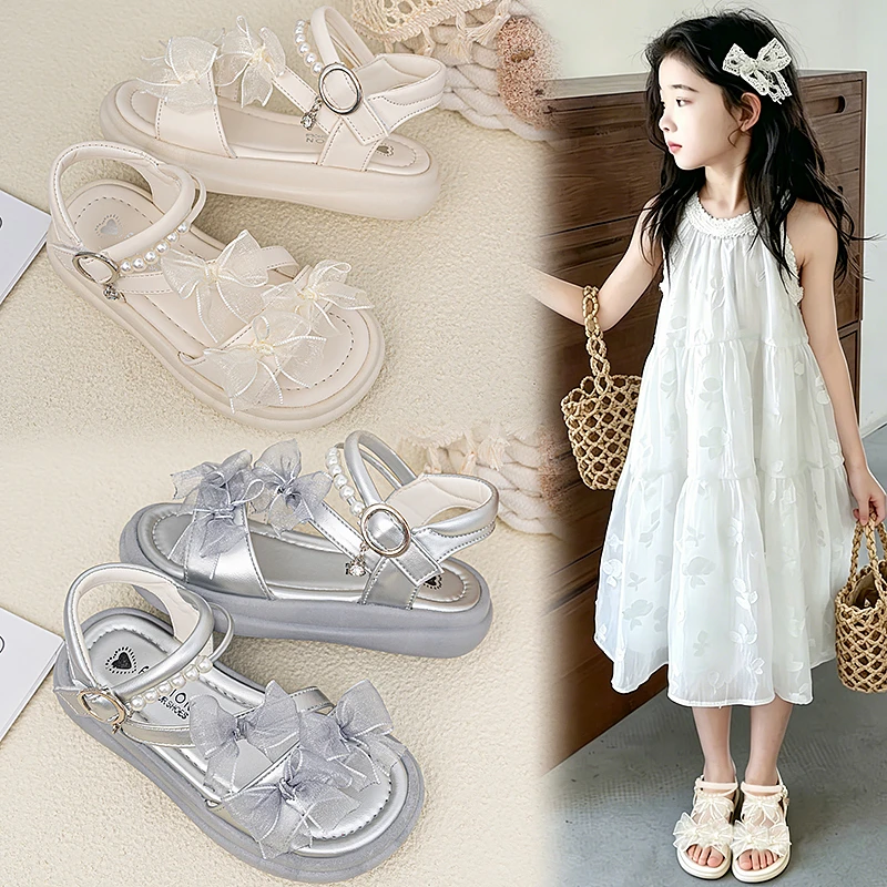 Little Girls Ribbon Bow Detail Leather Sandals 2026 New Summer Kid Chunky Beach Shoes Non-slip Classic Princess Party Daily Wear