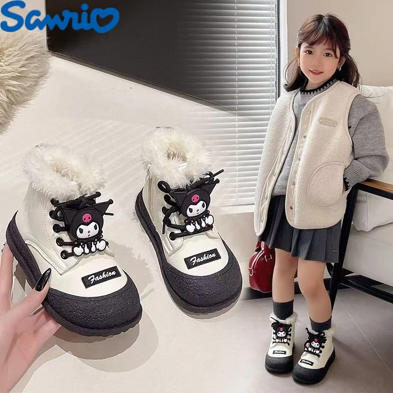 

Зимние ботинки Sanrio Kuromi для принцессы, теплые пушистые детские зимние ботинки с милыми мультяшными детскими повседневными ботильонами и бархатными ботинками