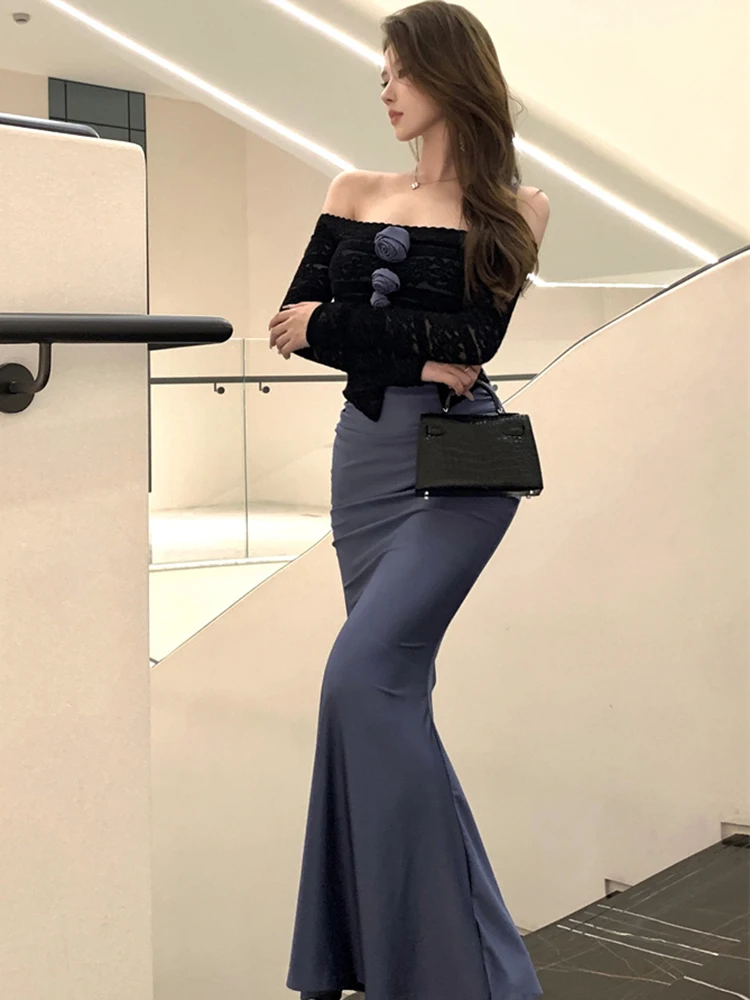 2025 bleu Patchwork noir dentelle Slash cou Sexy longue robe femmes élégant faux deux pièces robe automne hiver coréen robe moulante