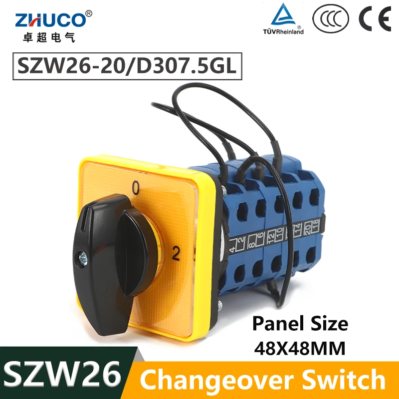 

ZHUCO SZW26/LW26-20 D307.5GL 20A 5 Poles 3 Positions 1-0-2 Panel Mounted Electric Transfer Rotary Cam Changeover Switch