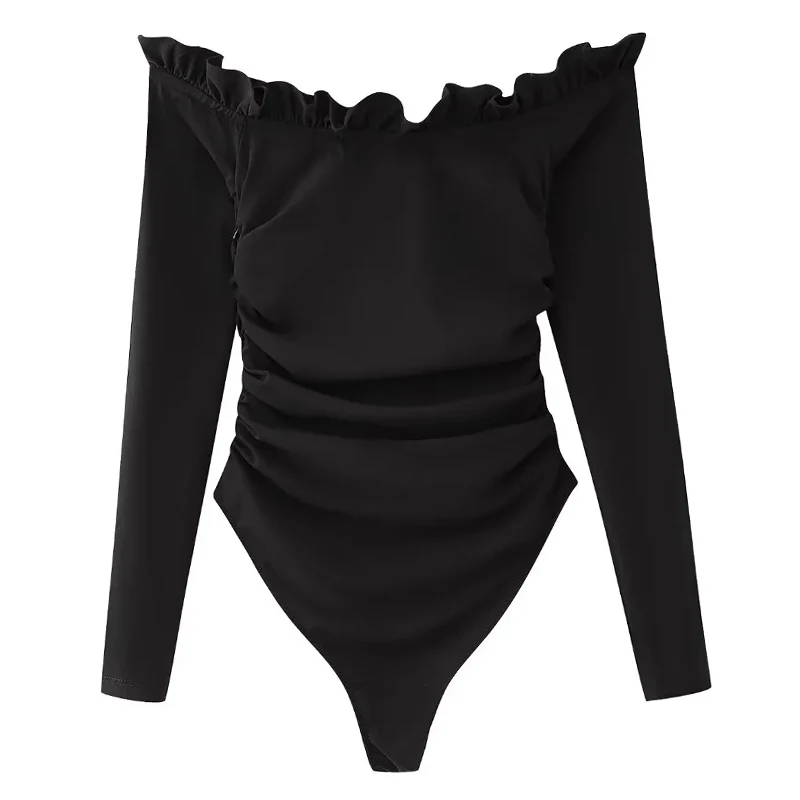 Imagem -02 - Hxao-bodysuit Preto Fora do Ombro Feminino Bodysuit Plissado Manga Comprida Bodysuit Curvilíneo Lingerie de Verão Traf