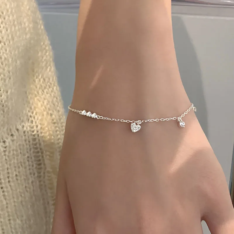 ANENJERY-فضي اللون الحب القلب سوار للنساء ، داينتي الزركون ربط سلسلة ، مجوهرات للبنات ، هدايا عيد