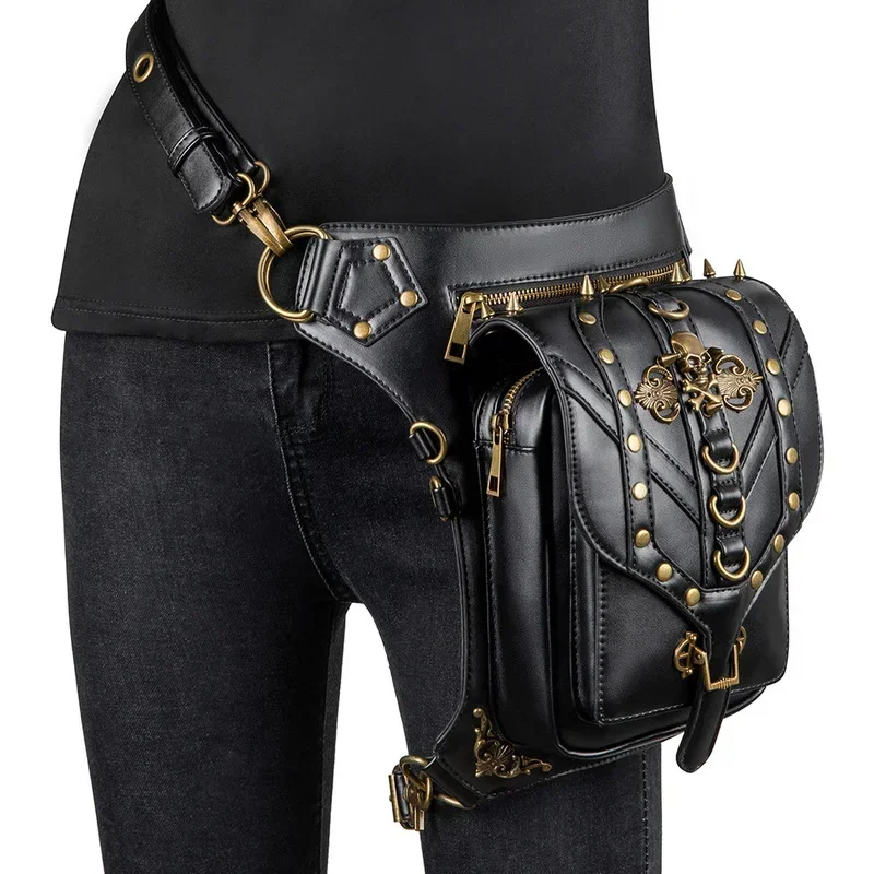 

The Middle Ages Gothic Waist Bags Women Small Phone Belt Bag Steampunk Retro Motorcycle 3 Ways Cross Bag Leather Black Bags
