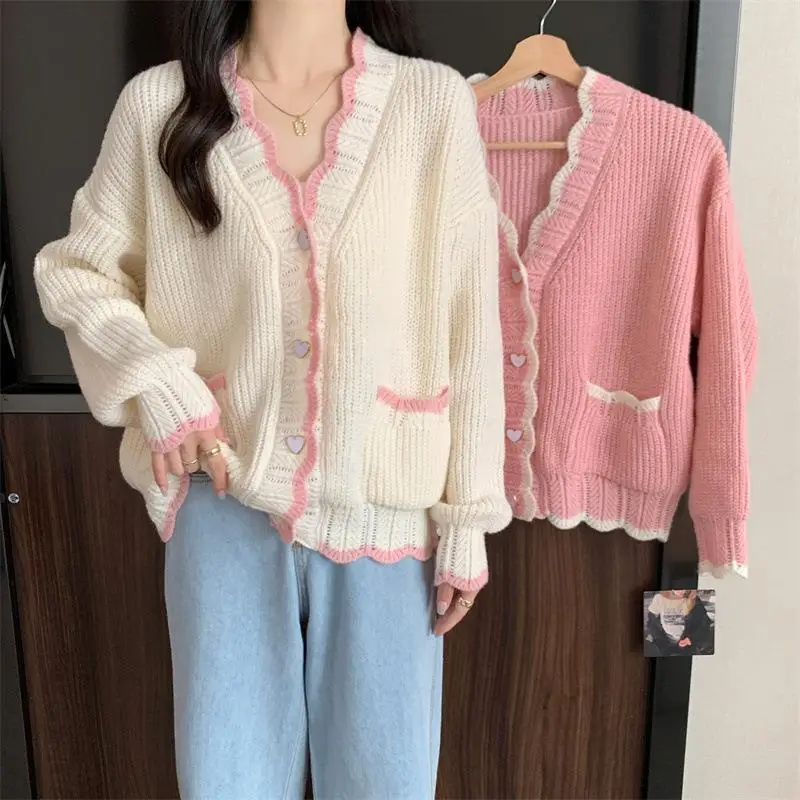 Sweet V-neck Heart-shaped Button Knitted Cardigan Top Autumn and Winter New Gentle Loose Sweater for Women