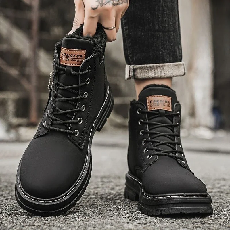 Korean Trendy Work Boots Men Size 47-48 Furry Thickened Bumblebee Print Outdoor Hiking Boots