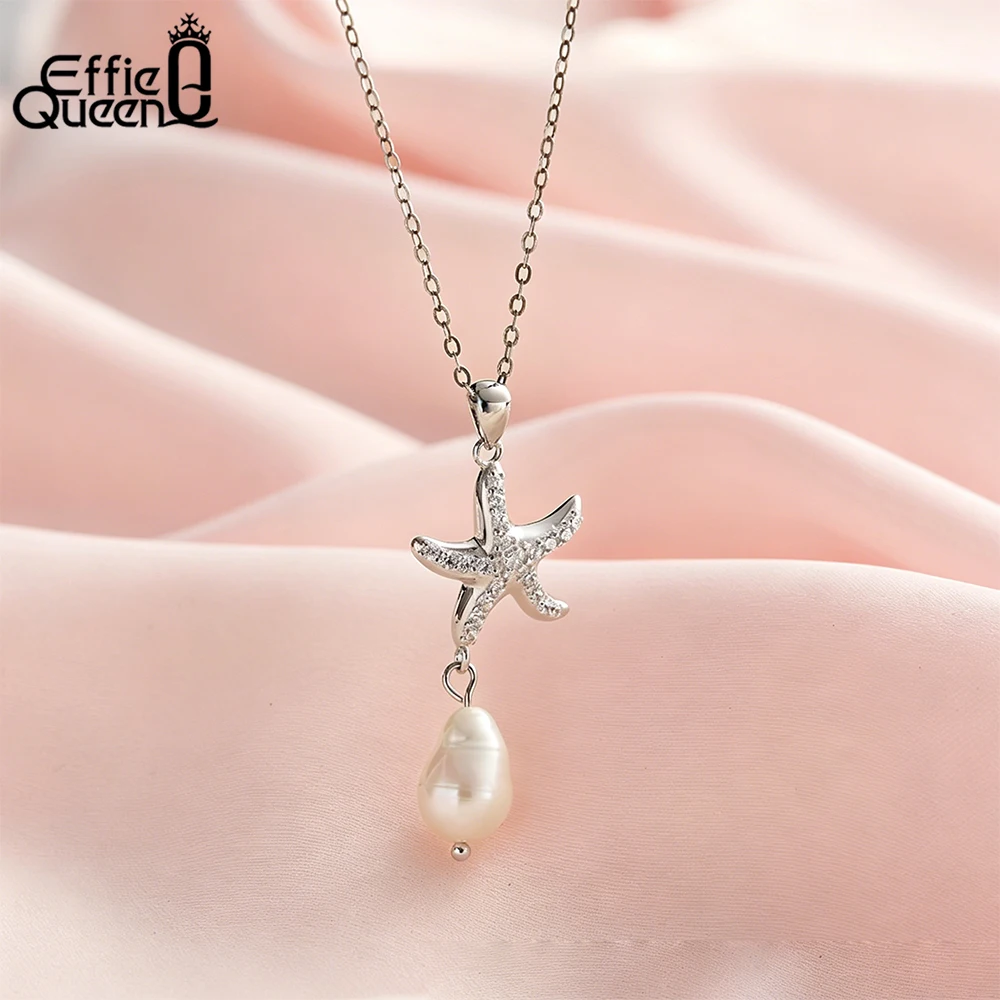 EFFIE QUEEN 925 Sterling Silver Conch Shell Natural Pearl Pendant Choker Necklace CZ Beach Ocean Bohemian Vacation Gift GPN85