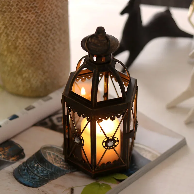Nordic Style Creative Retro Lantern Hurricane Candleholder Courtyard Hanging Ornaments Home Desktop Decoration Candle Holder