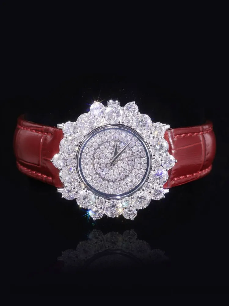 Banquet Luxury Women Moissanite Diamonds Quartz Watch Genuine Leather Strap Exquisite Accessories Elegant Ladies Wristwatch