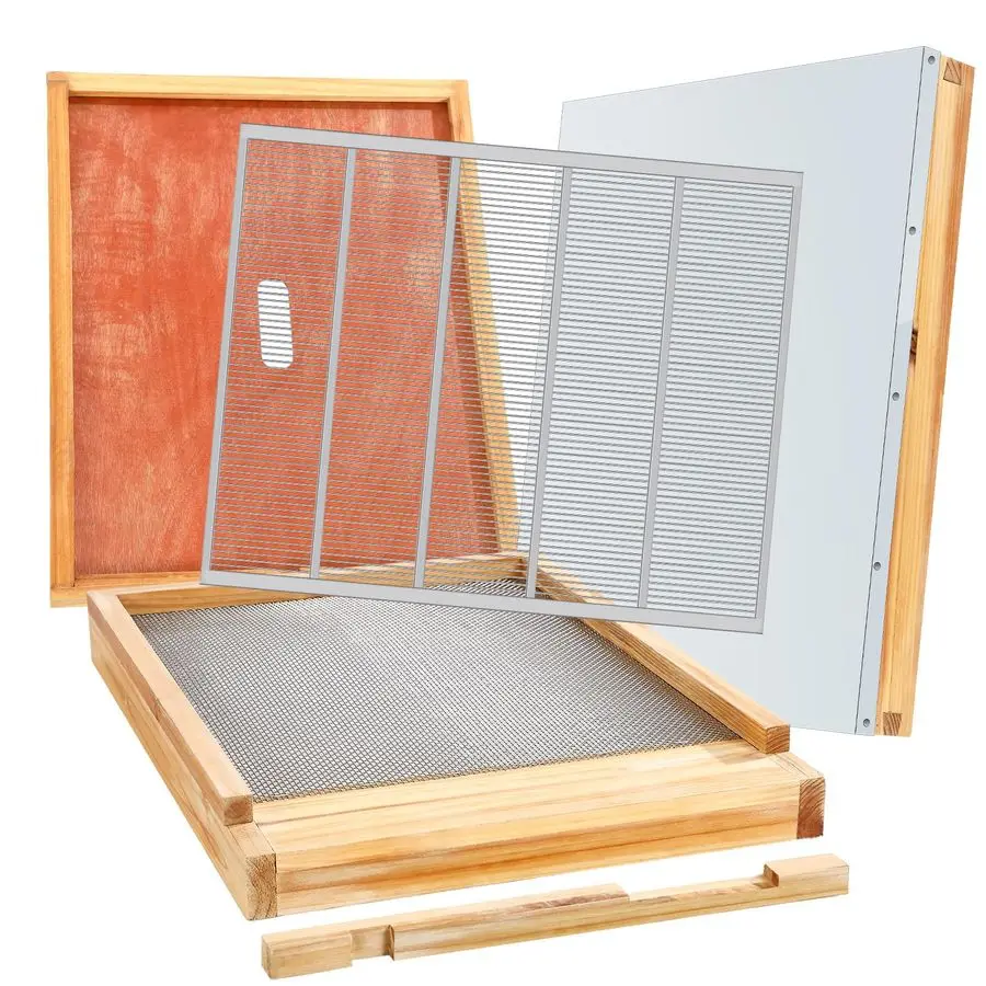 

Комплект деталей для 10-рамочного улья: телескопическая верхняя крышка, металлическая решетка для пчелиной матки, внутренняя крышка, сетчатое дно улья