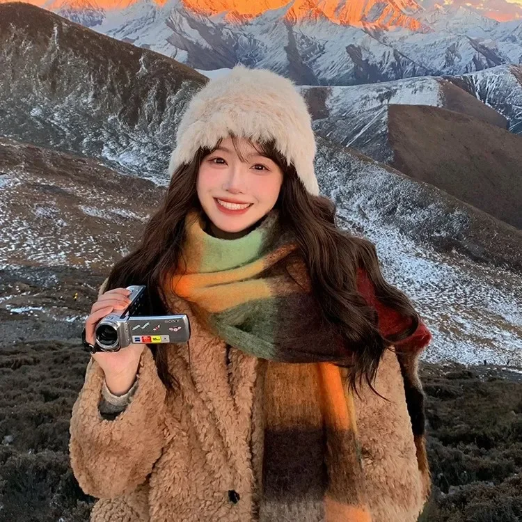 قوس قزح وشاح جديد شتاء دافئ متماسكة التفاف الإناث الكورية نمط منقوشة وشاح الموضة مريحة تنوعا شال هدية الكريسماس #3