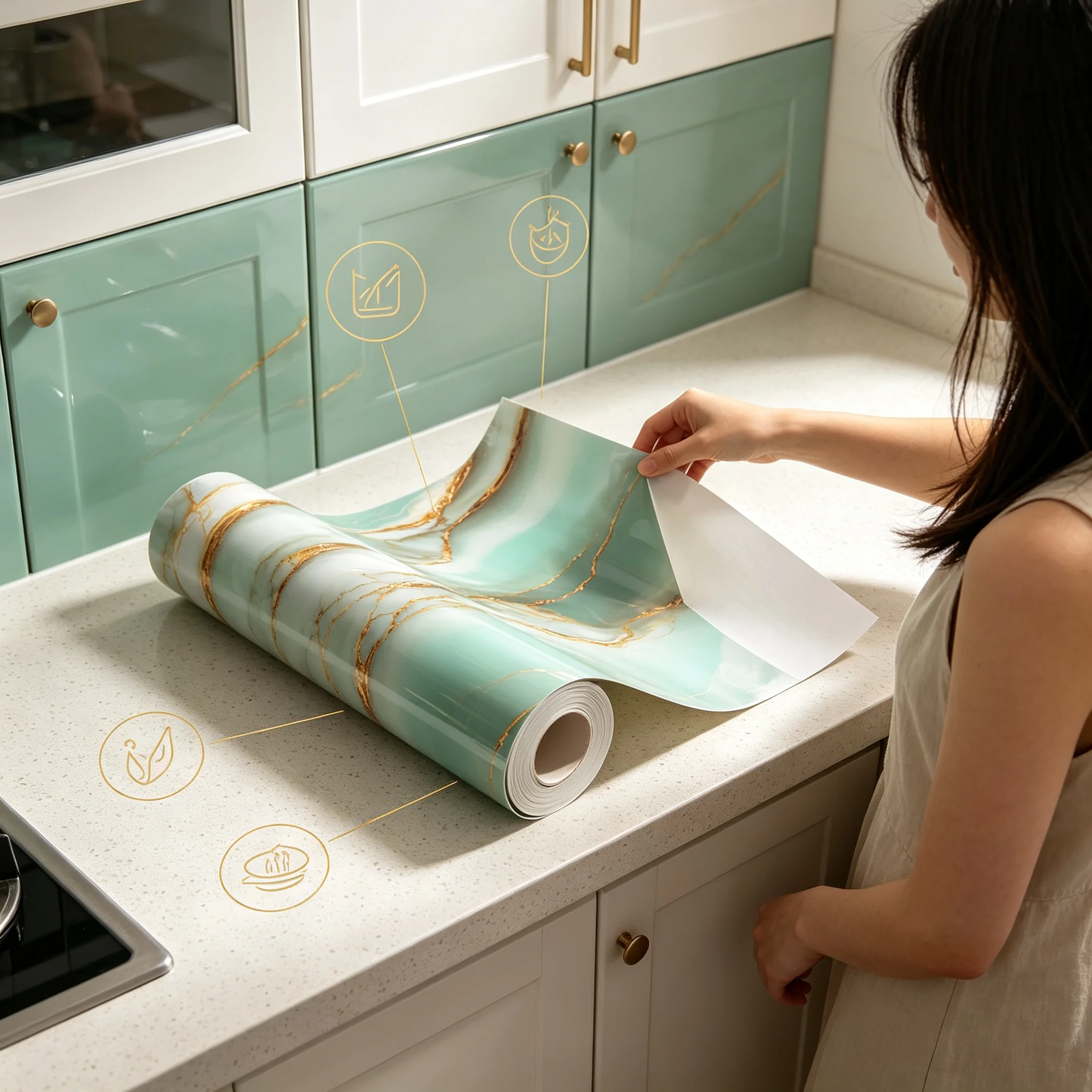 Green Marble Contact Paper Gold Foil Self Adhesive Waterproof Wallpaper Peel and Stick for Kitchen Countertop Cabinet Door Light