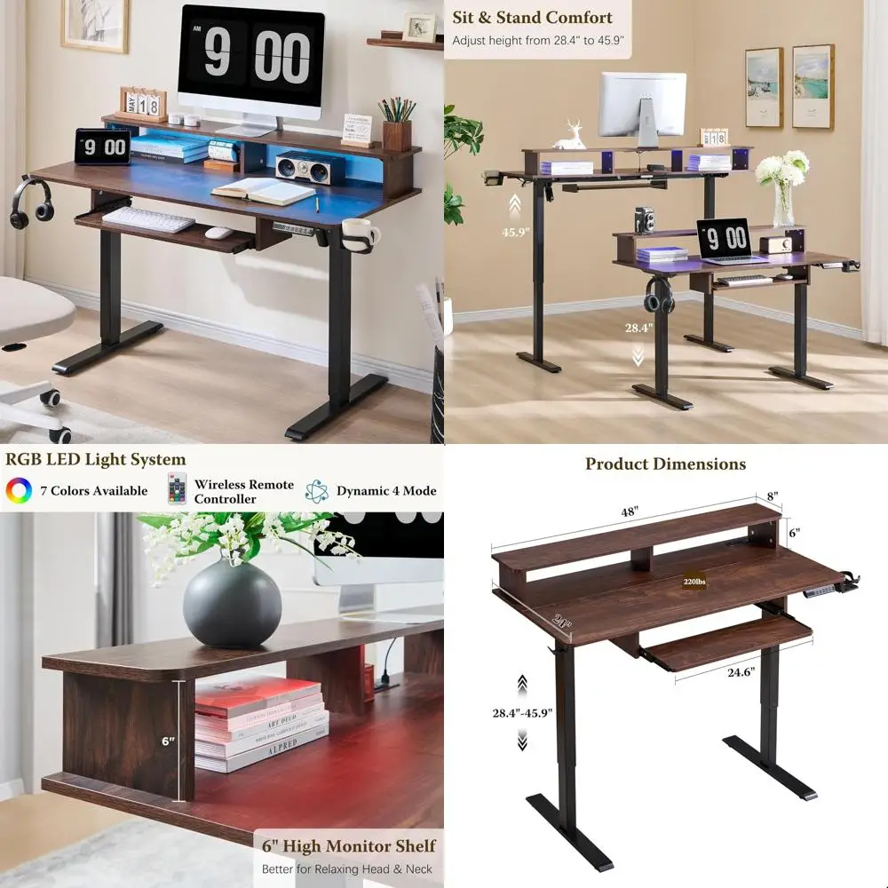 Electric Height-Adjustable Desk with Sit-Stand Capability, Integrated Keyboard Tray, Power Outlets, LED Lighting, and Monitor Sh
