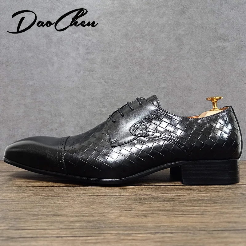 Luxury Men Shoes Lace Up Pointed Toe Black Brown Plait Formal Derby Mens Office Business Wedding Dress Leather Shoes Men