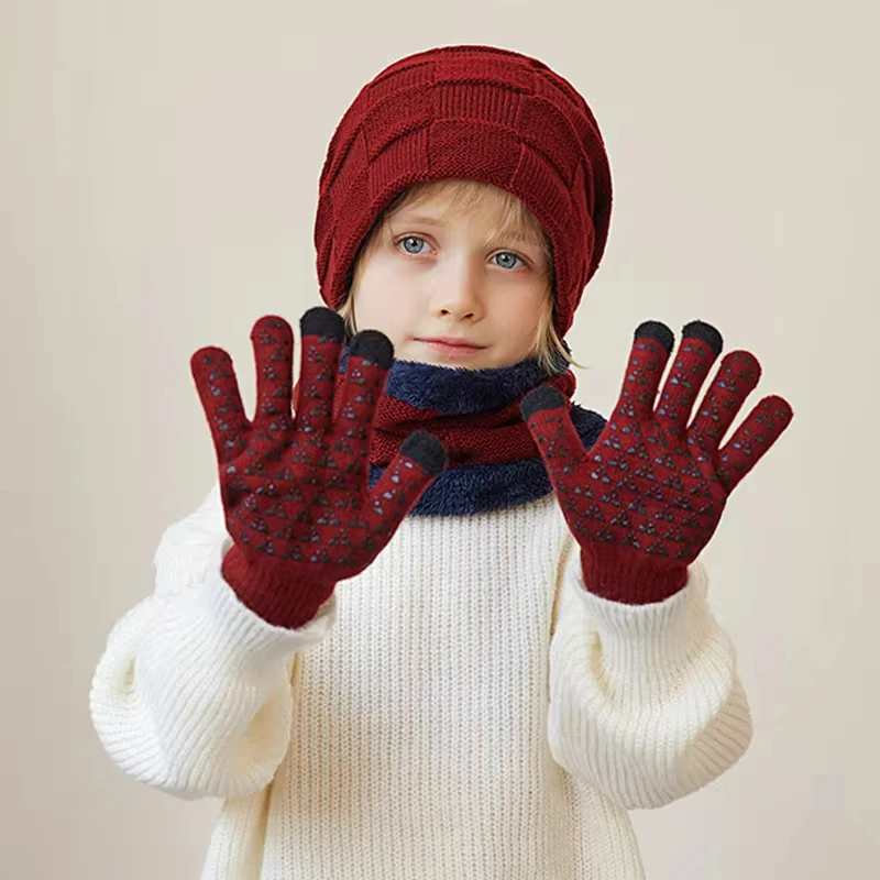 Winter Children Hat Gloves Scarf Set Plus Velvet Knitted Hats for Kids Neck Warmer Scarves Five Finger Gloves Boys Accessories