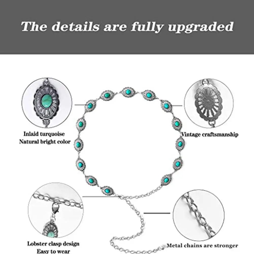 حزام معدني بطراز كلاسيكي للنساء ، سلسلة منحوتة فيروزية ، دنيم غربي ، إكسسوارات زينة للفساتين والجينز