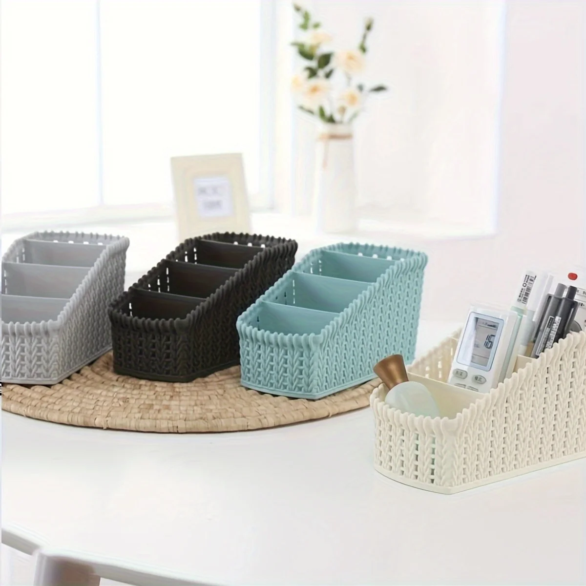 1pc Rattan‑Pattern Plastic Desk Organizer, Compartment Storage Basket, Multifunctional Vanity Tray for Cosmetics & Small Items