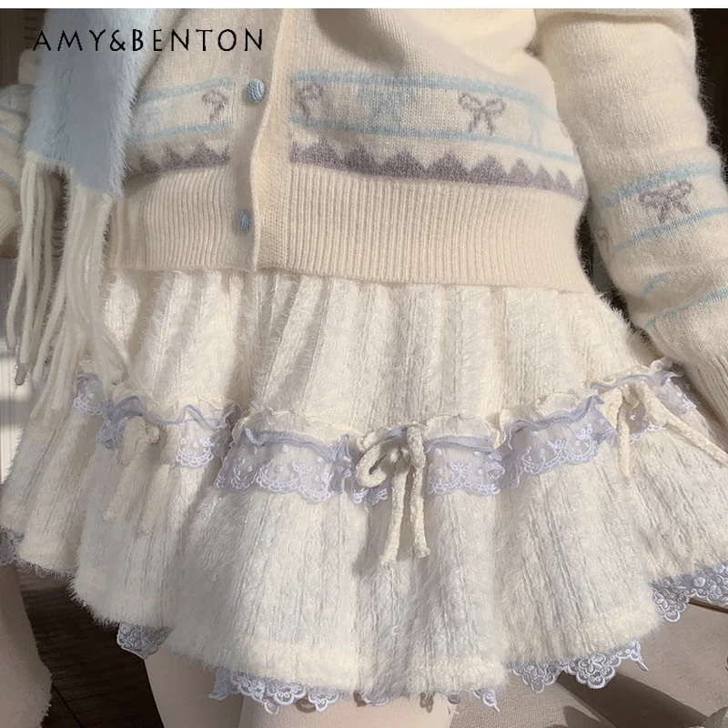 

Korean Style Design White Sweet Style Women's Skirt Autumn Winter New Versatile Color-Block Lace Trim A-Line Short Skirts ladies