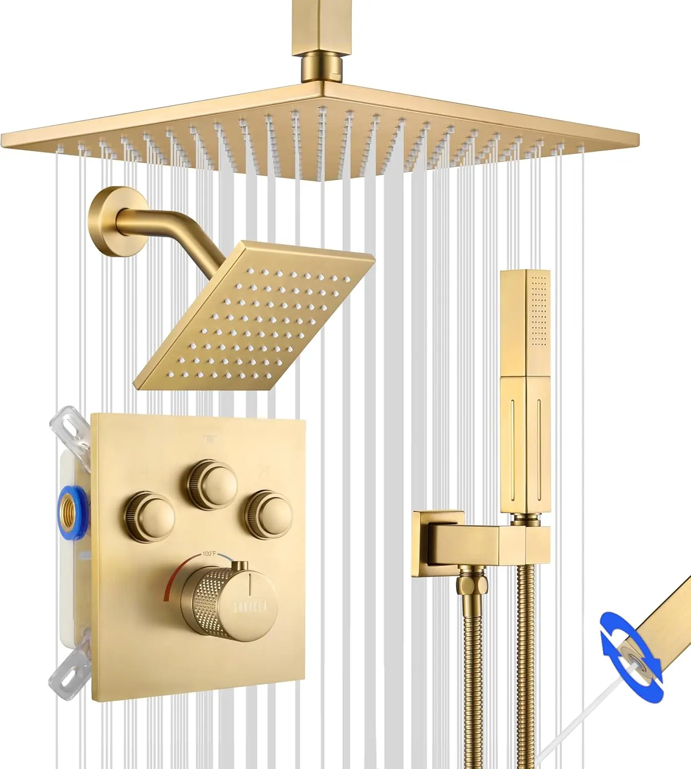 Thermostatic Shower System Brushed Gold, Push Button Diverter Shower Faucet with 2 in 1 Handheld, Ceiling 12 Inch Shower Head