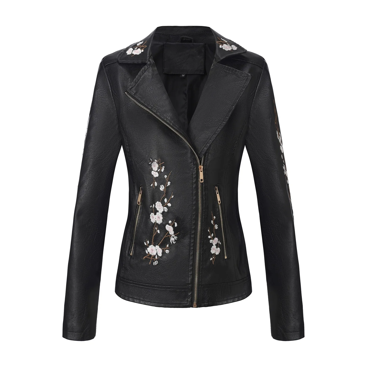New Women's PU Leather Moto Biker Jacket Lapel Flower Embroidery Patchwork Short Casual Faux Leather Motorcycle Coat