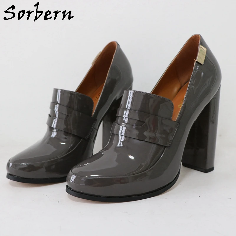 Sorber Grey Shiny Women Pump Shoes Unisex Block tacco alto EU48 punta tonda Slip On Chunky Heeled Fetish colori personalizzati