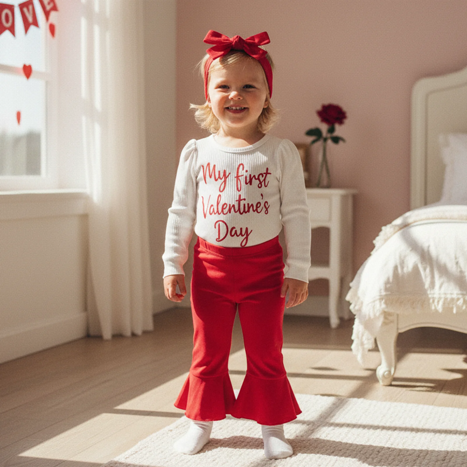 

Suefunskry Baby Girls Valentine's Day 3Pcs Outfit Long Sleeve O-Neck Letter Print Jumpsuit + Flared Pants + Headband Set