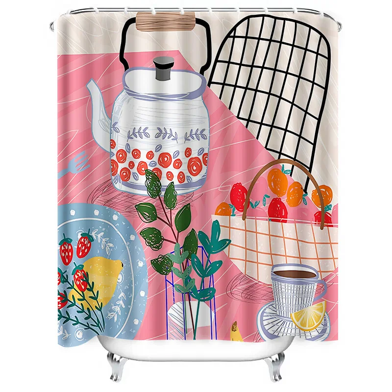Colorful Kitchen Themed Bath Curtain Tea Pot Fruits Plants Pattern Waterproof Fabric with Hanging Rings Ideal for Bathroom Decor